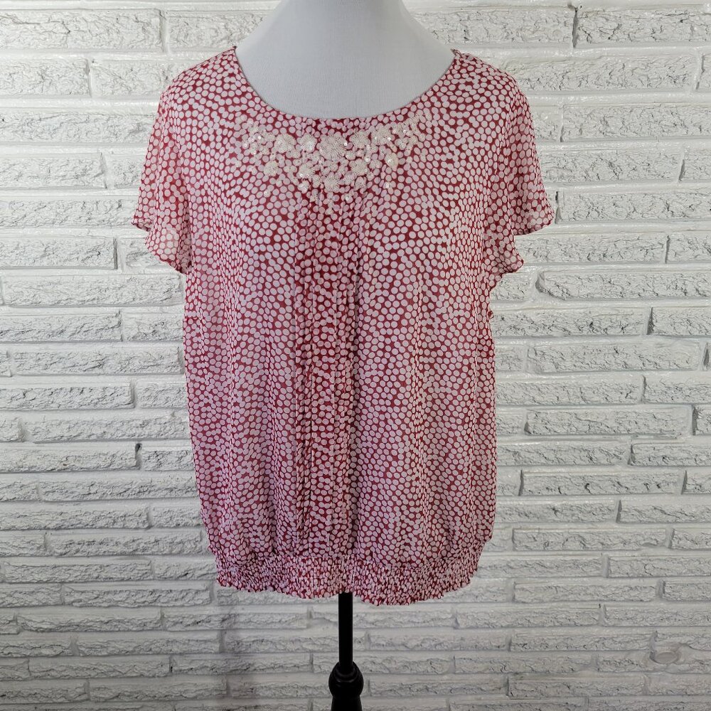 CJ Banks 1X Top Blouse Red White Geometric Print Sequin Flutter Sleeve GEO32E